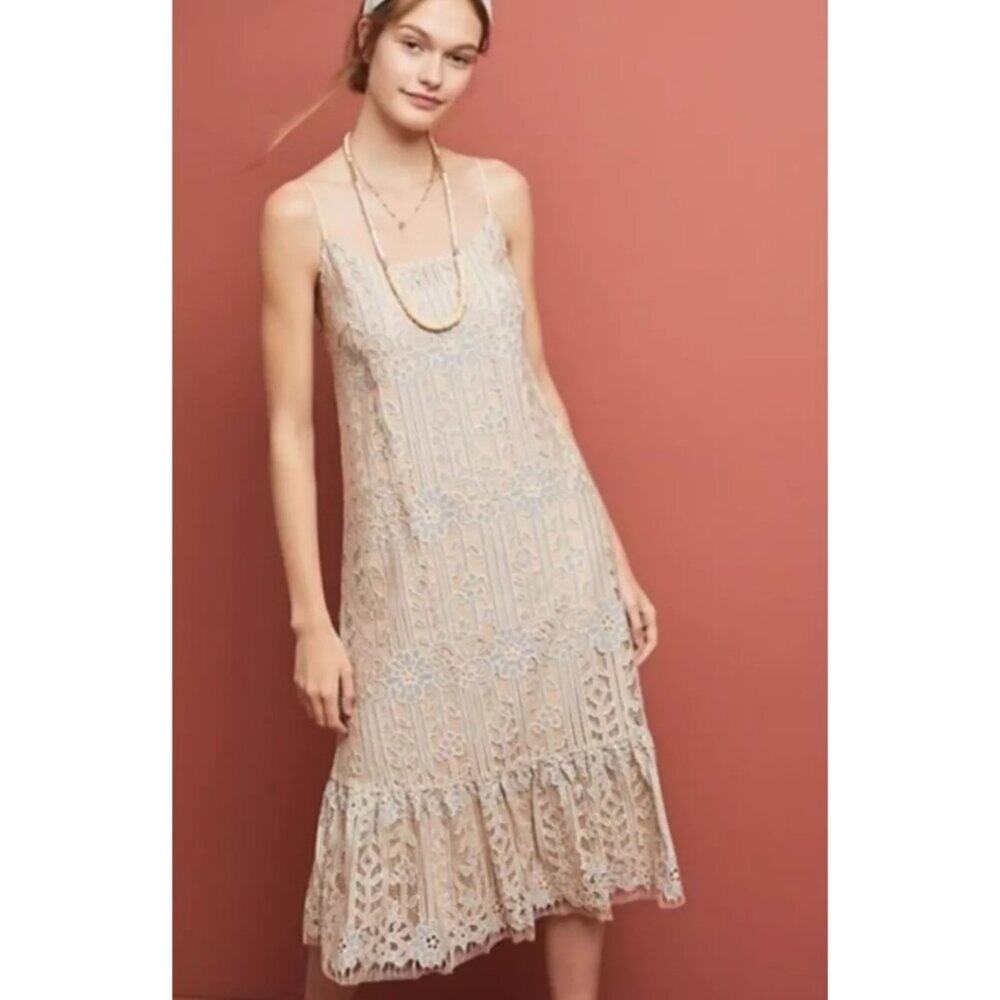 NWT Anthropologie Eri + Ali Twilight Lace Midi Dress Cream Silver Size S Small